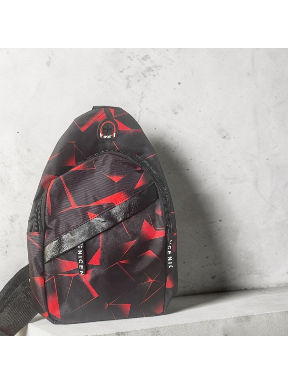 Geometric Red & Black Sling Backpack Crossbody Bag NWOT Headphone Port
